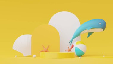 Yazlık plaj sahnesiyle birlikte ürünleri veya kozmetik sunumları göstermek için 3D soyut minimal ekran podyumu. Yaz mevsimi tatil konsepti için.