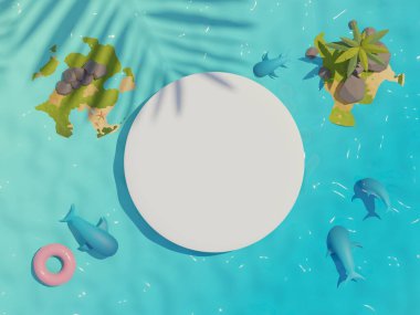 3d beyaz boş silindir çerçeve görüntüsünü yazın sahnesi ve palmiye yapraklarının gölgesi olan ürünlere dönüştür. Yaz mevsimi geçmişi ve plaj tatili konsepti.