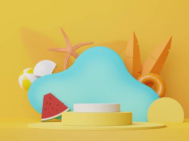 Yazlık plaj sahnesiyle birlikte ürünleri veya kozmetik sunumları göstermek için 3D soyut minimal ekran podyumu. Yaz mevsimi tatil konsepti için.