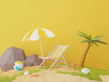 Yazlık plaj sahnesiyle birlikte ürünleri veya kozmetik sunumları göstermek için 3 boyutlu görünüm. Yaz mevsimi ve plaj tatili konsepti.