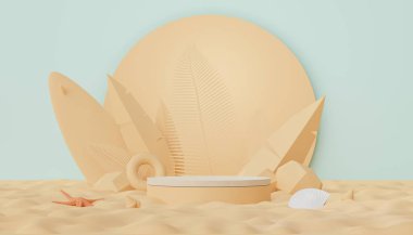 Yazlık plaj sahnesiyle birlikte ürünleri veya kozmetik sunumları göstermek için 3D soyut minimal ekran podyumu. Yaz mevsimi tatil konsepti için.