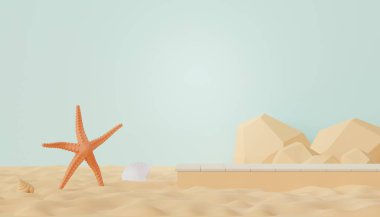 Yazlık plaj sahnesiyle birlikte ürünleri veya kozmetik sunumları göstermek için 3D soyut minimal ekran podyumu. Yaz mevsimi tatil konsepti için.