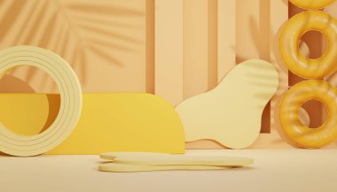 Yaz sezonu arka plan konsepti olan 3D minimal ekran podyumu. Minimalist kaide.