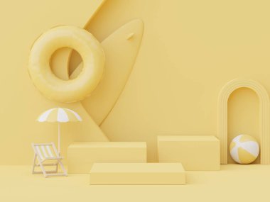 Yaz sezonu arka plan konsepti olan 3D minimal ekran podyumu. Minimalist kaide.