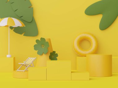 Yaz sezonu arka plan konsepti olan 3D minimal ekran podyumu. Minimalist kaide.