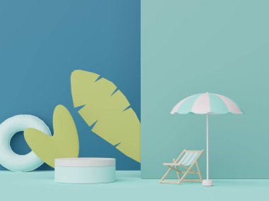 Yaz sezonu arka plan konsepti olan 3D minimal ekran podyumu. Minimalist kaide.
