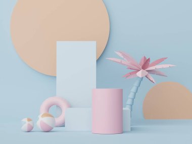 Yaz sezonu arka plan konsepti olan 3D minimal ekran podyumu. Minimalist kaide.