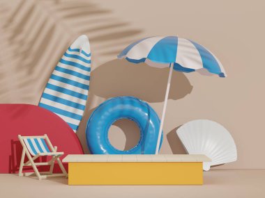 Yaz sezonu arka plan konsepti olan 3D minimal ekran podyumu. Minimalist kaide.