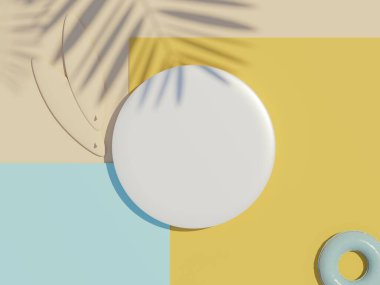 3d beyaz boş silindir çerçeve üst görünümünü maket için görüntüle ve yaz arkaplanlı palmiye yaprakları gölgeli ürünleri görüntüle. Yaratıcı fikir kavramı.