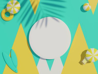 3d beyaz boş silindir çerçeve üst görünümünü maket için görüntüle ve yaz arkaplanlı palmiye yaprakları gölgeli ürünleri görüntüle. Yaratıcı fikir kavramı.