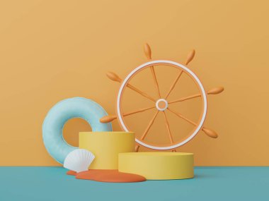 3D podyum, yaz konseptli ürün sunumu için. Kozmetik reklamcılık için kaldırım platformu.