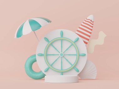 3D podyum, yaz konseptli ürün sunumu için. Kozmetik reklamcılık için kaldırım platformu.