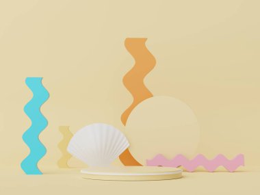 3D podyum, yaz konseptli ürün sunumu için. Kozmetik reklamcılık için kaldırım platformu.