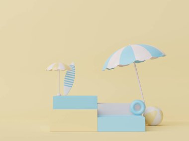 3D podyum, yaz konseptli ürün sunumu için. Kozmetik reklamcılık için kaldırım platformu.