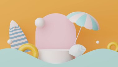 3D podyum, yaz konseptli ürün sunumu için. Kozmetik reklamcılık için kaldırım platformu.