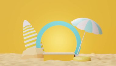 3D podyum, yaz konseptli ürün sunumu için. Kozmetik reklamcılık için kaldırım platformu.