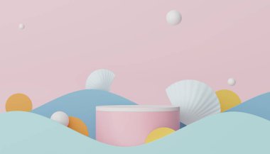3D podyum, yaz konseptli ürün sunumu için. Kozmetik reklamcılık için kaldırım platformu.