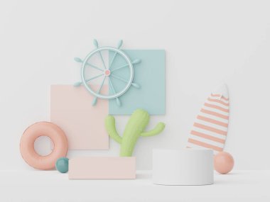 3D podyum, yaz konseptli ürün sunumu için. Kozmetik reklamcılık için kaldırım platformu.