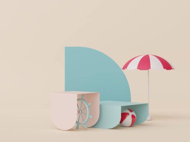 3D podyum, yaz konseptli ürün sunumu için. Kozmetik reklamcılık için kaldırım platformu.