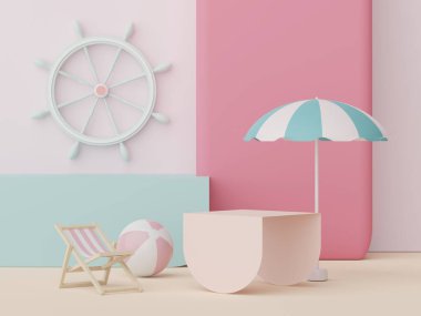 3D podyum, yaz konseptli ürün sunumu için. Kozmetik reklamcılık için kaldırım platformu.