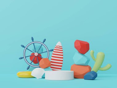 3D podyum, yaz konseptli ürün sunumu için. Kozmetik reklamcılık için kaldırım platformu.