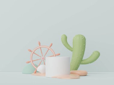3D podyum, yaz konseptli ürün sunumu için. Kozmetik reklamcılık için kaldırım platformu.