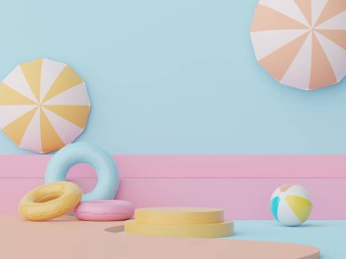 3D podyum, yaz konseptli ürün sunumu için. Kozmetik reklamcılık için kaldırım platformu.