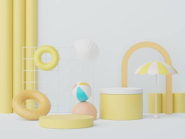 3D podyum, yaz konseptli ürün sunumu için. Kozmetik reklamcılık için kaldırım platformu.