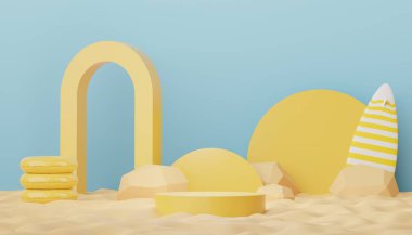 3D podyum, yaz konseptli ürün sunumu için. Kozmetik reklamcılık için kaldırım platformu.