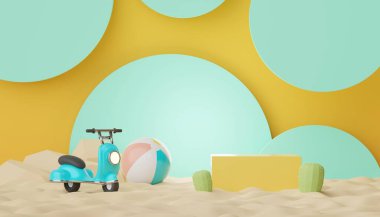 3D podyum, yaz konseptli ürün sunumu için. Kozmetik reklamcılık için kaldırım platformu.