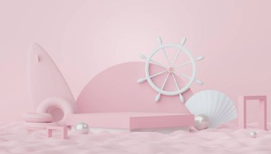 3D podyum, yaz konseptli ürün sunumu için. Kozmetik reklamcılık için kaldırım platformu.