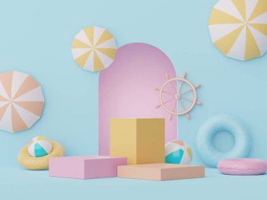 3D podyum, yaz konseptli ürün sunumu için. Kozmetik reklamcılık için kaldırım platformu.