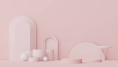 Ürünleri, kozmetik sunumları ve maketleri göstermek için 3d 'lik asgari ekran podyumu. Pastel toprak arkaplanlı gösteri sahnesi.