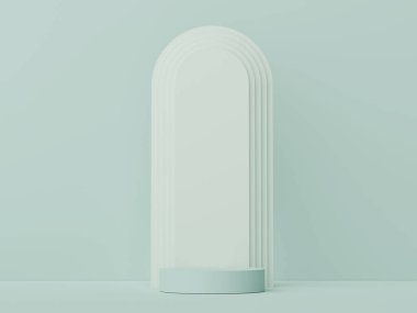 Ürünleri, kozmetik sunumları ve maketleri göstermek için 3d 'lik asgari ekran podyumu. Pastel toprak arkaplanlı gösteri sahnesi.