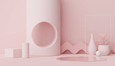 Model ve ürün sunumu için 3D minimal podyum tasarımı. Pastel renk sahneli yaya sahnesi. Moda tasarımı