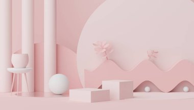 Model ve ürün sunumu için 3D minimal podyum tasarımı. Pastel renk sahneli yaya sahnesi. Moda tasarımı