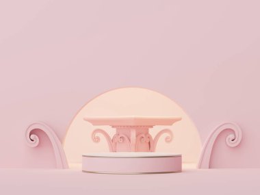 Antik Yunan barok sütun arka planına sahip 3D soyut minimal ekran podyumu. Model ve ürün sunumu için yaya tasarımı.