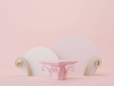 Antik Yunan barok sütun arka planına sahip 3D soyut minimal ekran podyumu. Model ve ürün sunumu için yaya tasarımı.