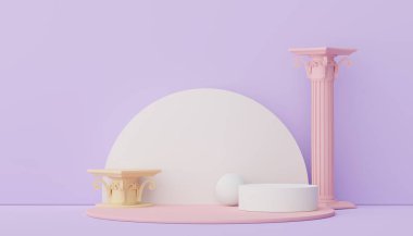 Antik Yunan barok sütun arka planına sahip 3D soyut minimal ekran podyumu. Model ve ürün sunumu için yaya tasarımı.