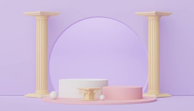 Antik Yunan barok sütun arka planına sahip 3D soyut minimal ekran podyumu. Model ve ürün sunumu için yaya tasarımı.