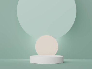 Model ve ürün sunumu için 3D minimal podyum tasarımı. Pastel renk sahneli yaya sahnesi. Moda tasarımı