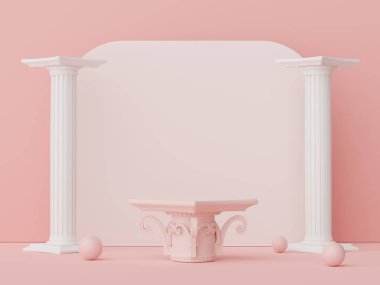 Model ve ürün sunumu için 3D minimal podyum tasarımı. Pastel renk sahneli yaya sahnesi. Moda tasarımı