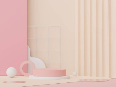 Model ve ürün sunumu için 3D minimal podyum tasarımı. Pastel renk sahneli yaya sahnesi. Moda tasarımı