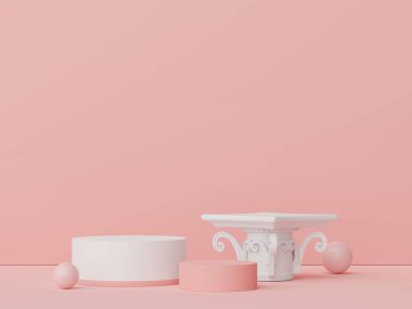 Model ve ürün sunumu için 3D minimal podyum tasarımı. Pastel renk sahneli yaya sahnesi. Moda tasarımı