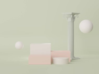 Model ve ürün sunumu için 3D minimal podyum tasarımı. Pastel renk sahneli yaya sahnesi. Moda tasarımı