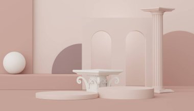 Model ve ürün sunumu için 3D minimal podyum tasarımı. Pastel renk sahneli yaya sahnesi. Moda tasarımı