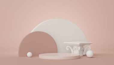 Model ve ürün sunumu için 3D minimal podyum tasarımı. Pastel renk sahneli yaya sahnesi. Moda tasarımı