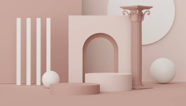 Model ve ürün sunumu için 3D minimal podyum tasarımı. Pastel renk sahneli yaya sahnesi. Moda tasarımı