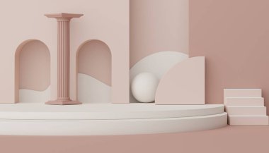 Model ve ürün sunumu için 3D minimal podyum tasarımı. Pastel renk sahneli yaya sahnesi. Moda tasarımı