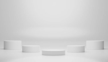 Model ve ürün sunumu için 3D minimal podyum tasarımı. Beyaz mermer renkli yaya sahnesi. Moda tasarımı